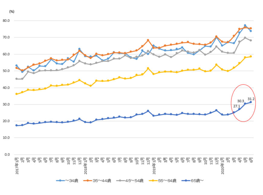 ネットショッピング利用世帯の割合の推移（世帯主の年齢階級別）